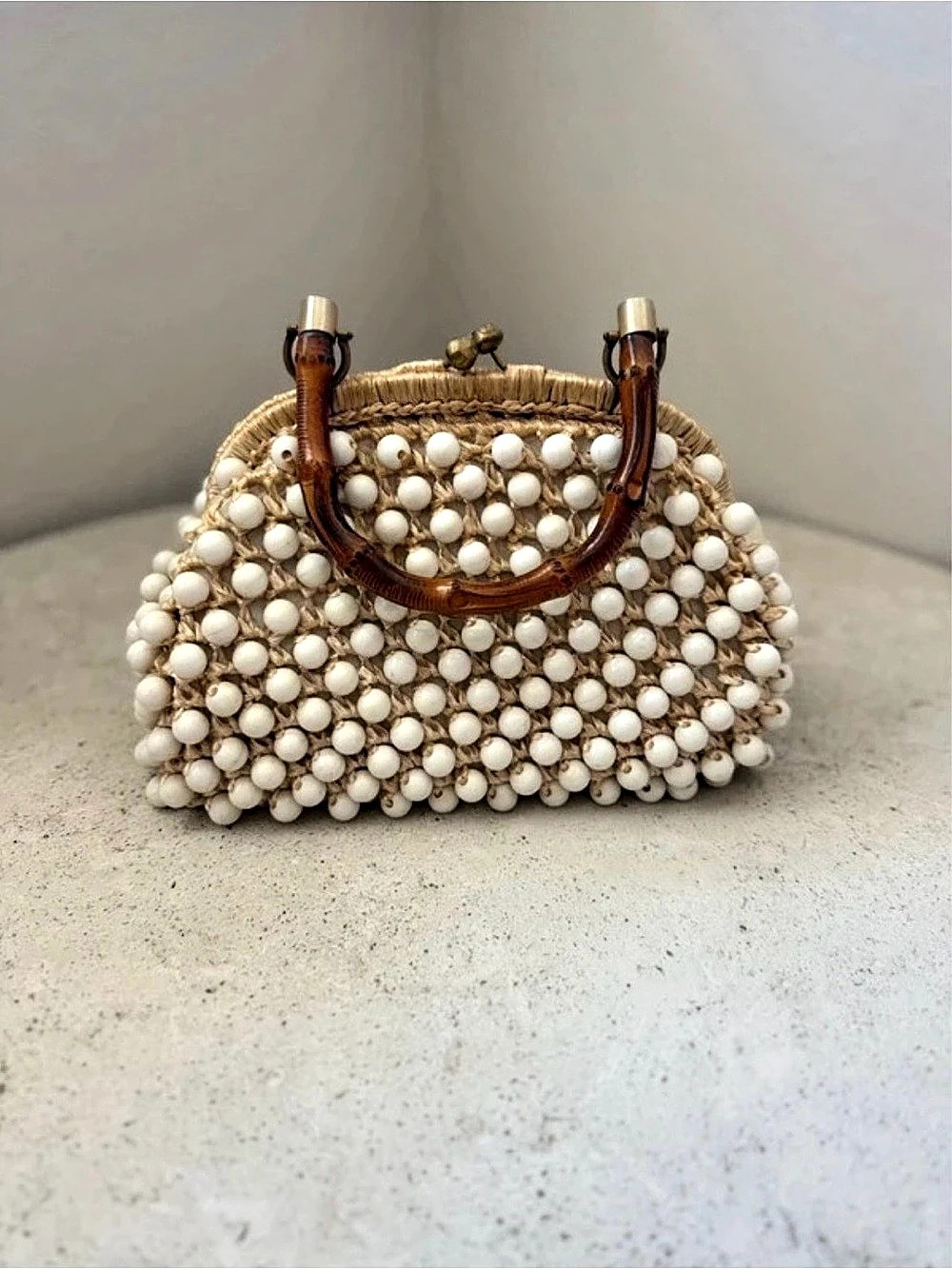 Vintage Riveter Beaded Bamboo Handle Shoulder Bag in White